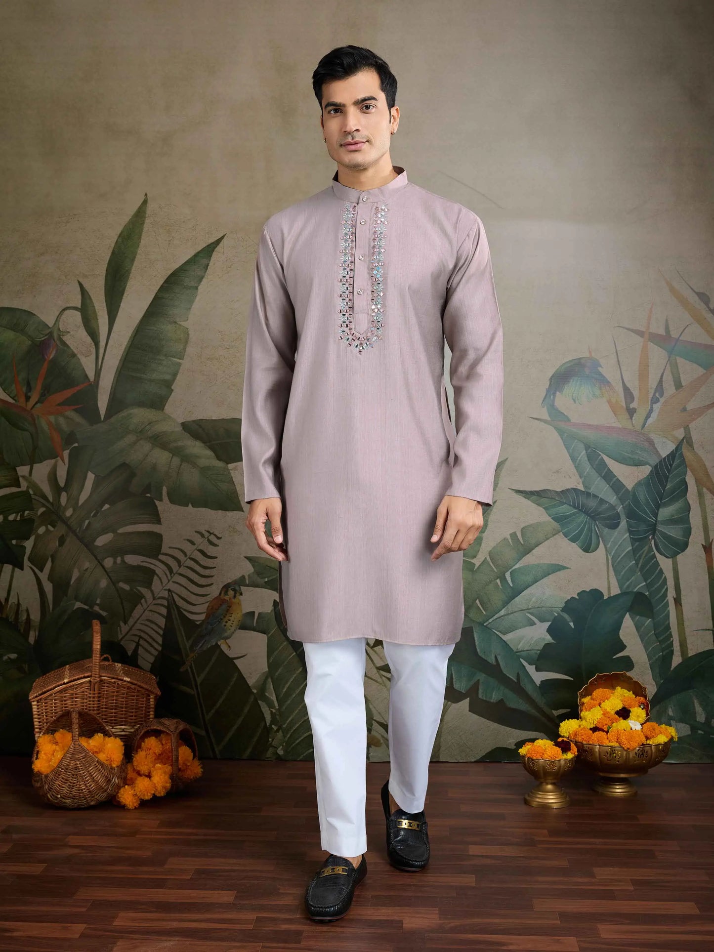 Ivory Real Mirror Thread Work Kurta With Jacquard Design Work Koti(Jacket)