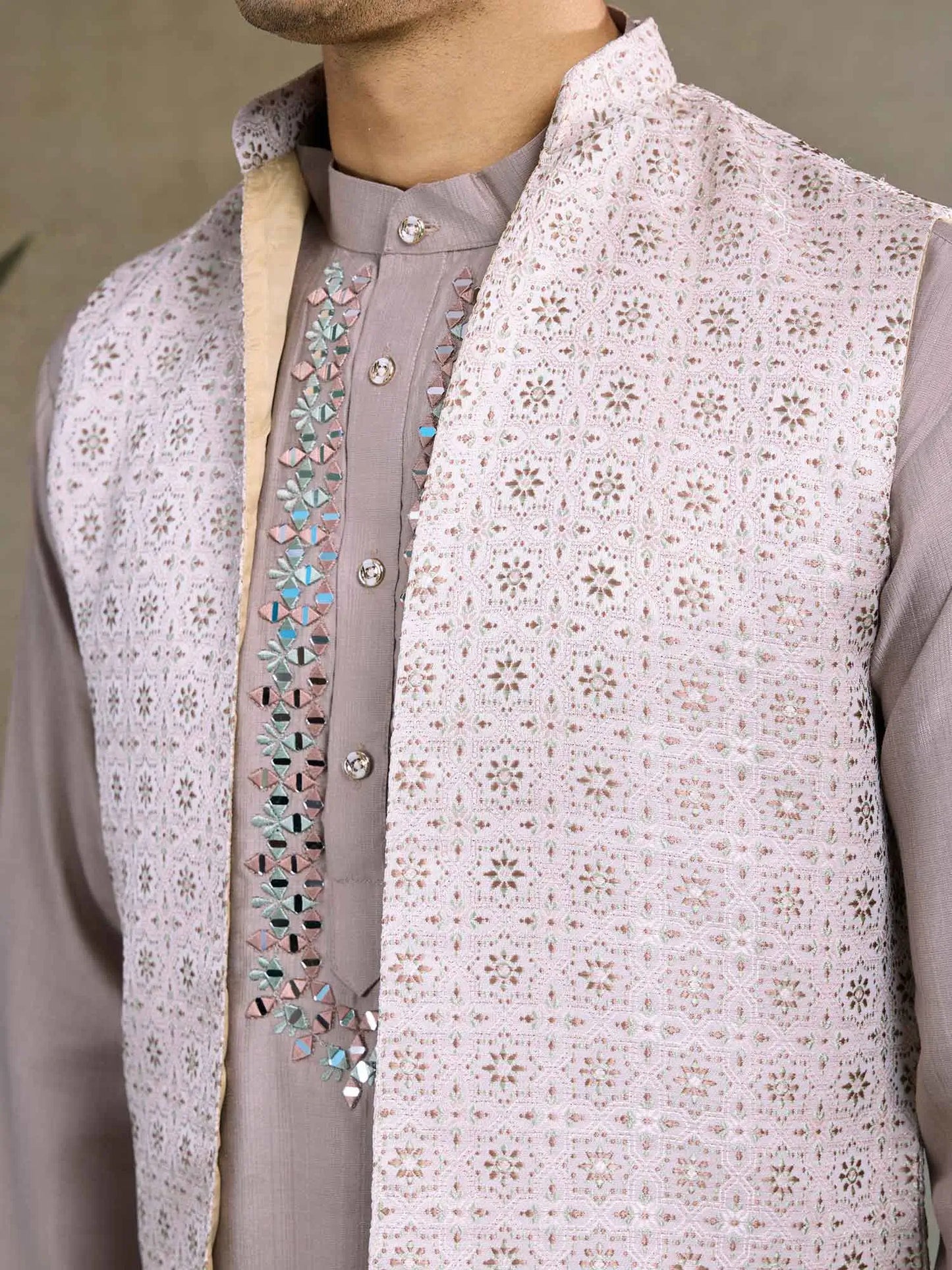 Ivory Real Mirror Thread Work Kurta With Jacquard Design Work Koti(Jacket)