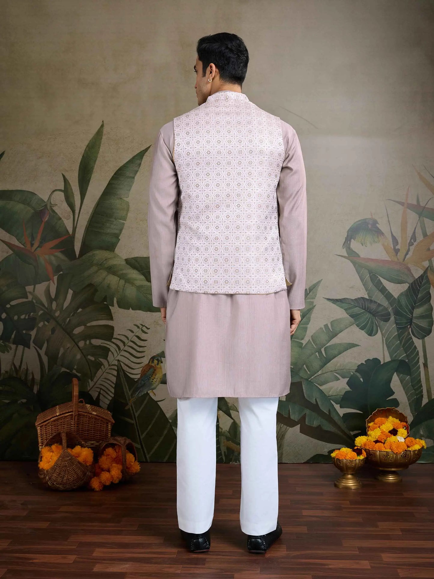Ivory Real Mirror Thread Work Kurta With Jacquard Design Work Koti(Jacket)