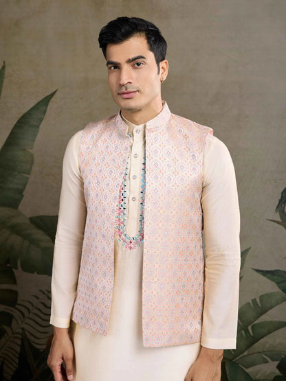 Oyster Pink Real Mirror Thread Work Kurta Set With Jacquard Design Work Jacket