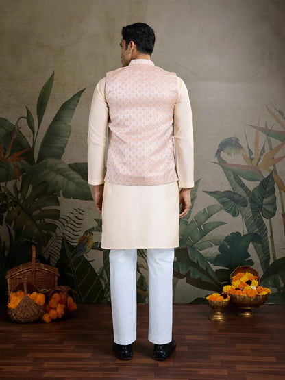 Oyster Pink Real Mirror Thread Work Kurta Set With Jacquard Design Work Jacket