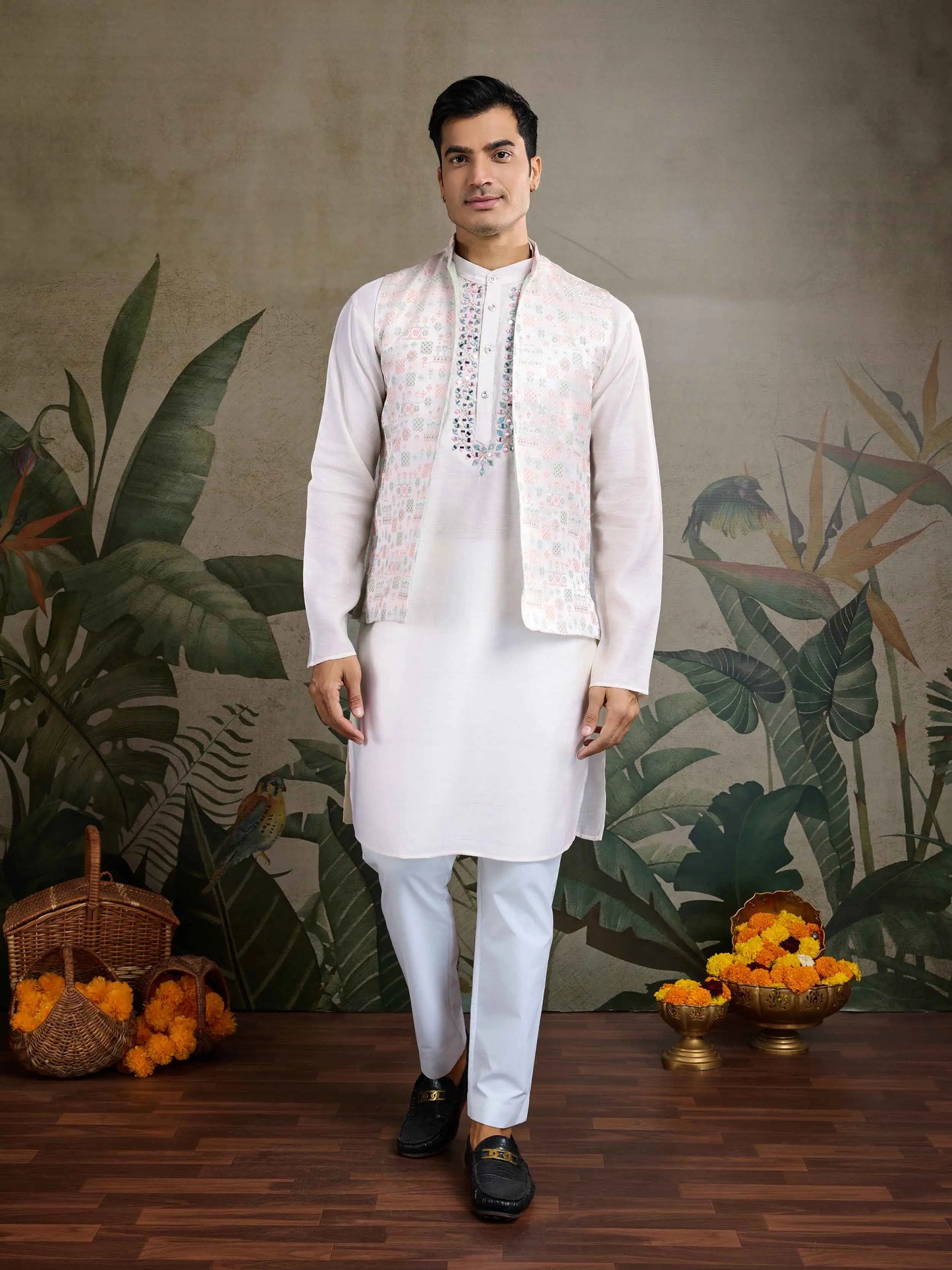 White Real Mirror Thread Work Kurta Set With Jacquard Design Work Jacket