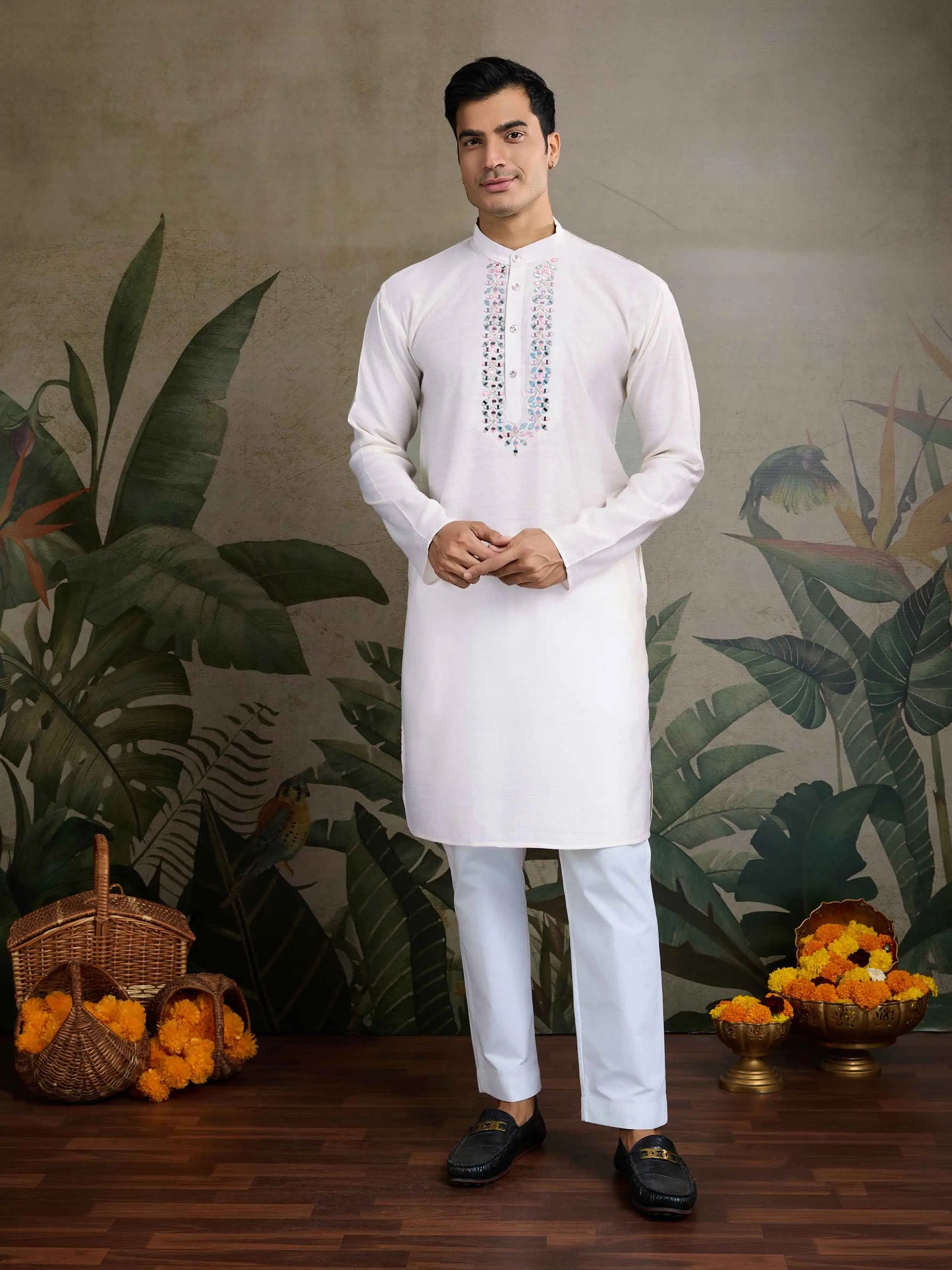 White Real Mirror Thread Work Kurta Set With Jacquard Design Work Jacket