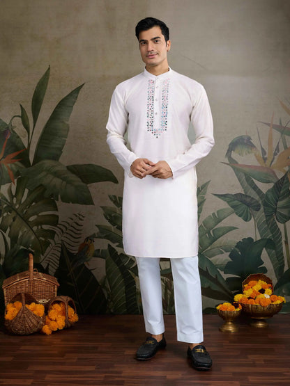 White Real Mirror Thread Work Kurta Set With Jacquard Design Work Jacket