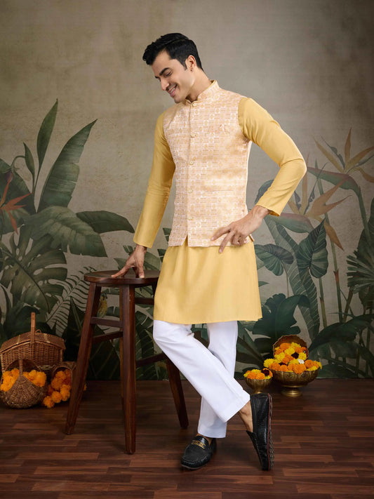 Yellow Viscose Silk Kurta With Sequins Jacquard Design Work Koti