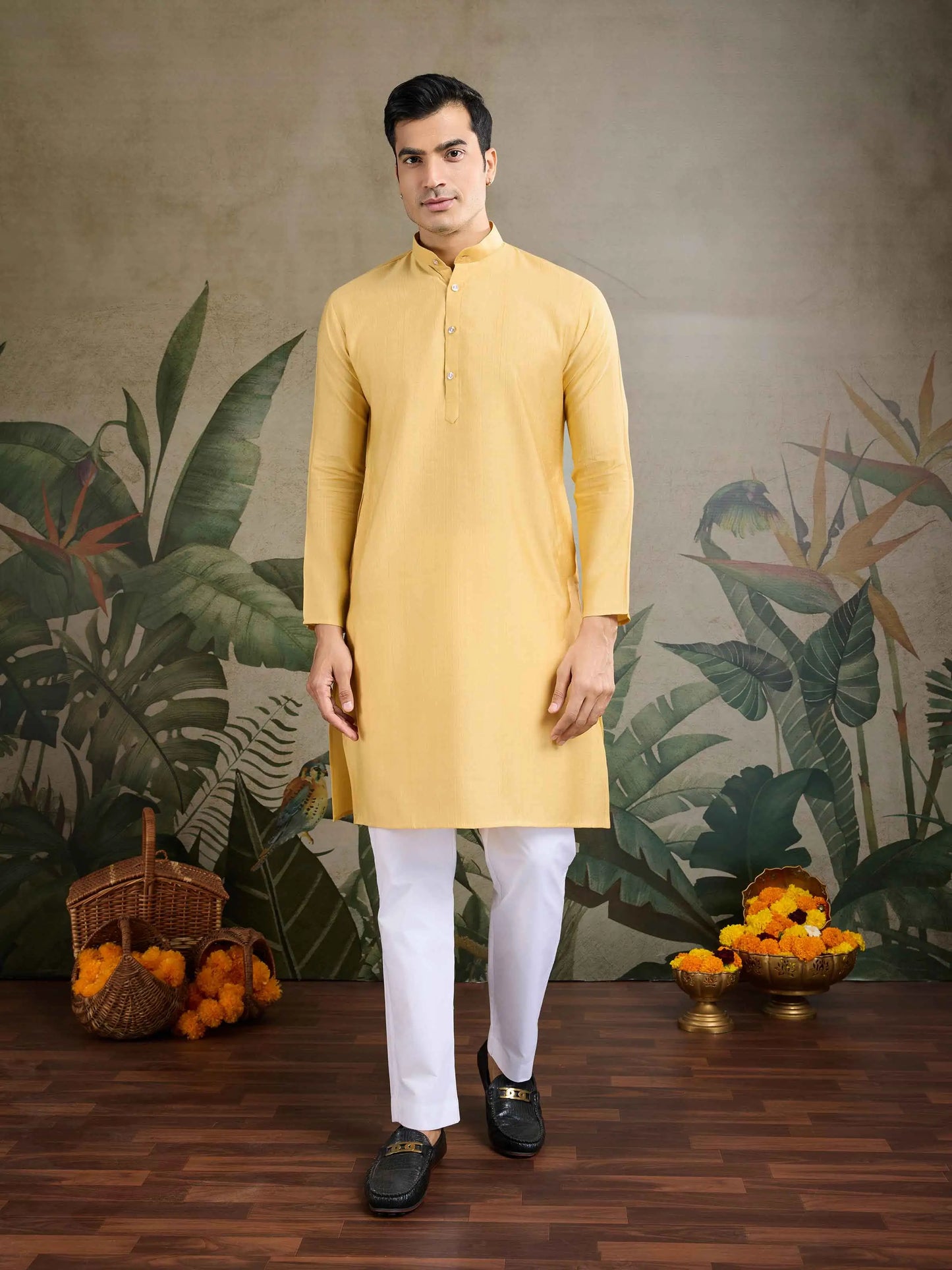 Yellow Viscose Silk Kurta With Sequins Jacquard Design Work Koti