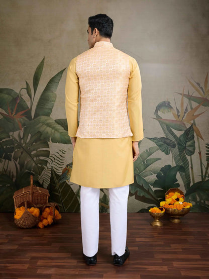 Yellow Viscose Silk Kurta With Sequins Jacquard Design Work Koti