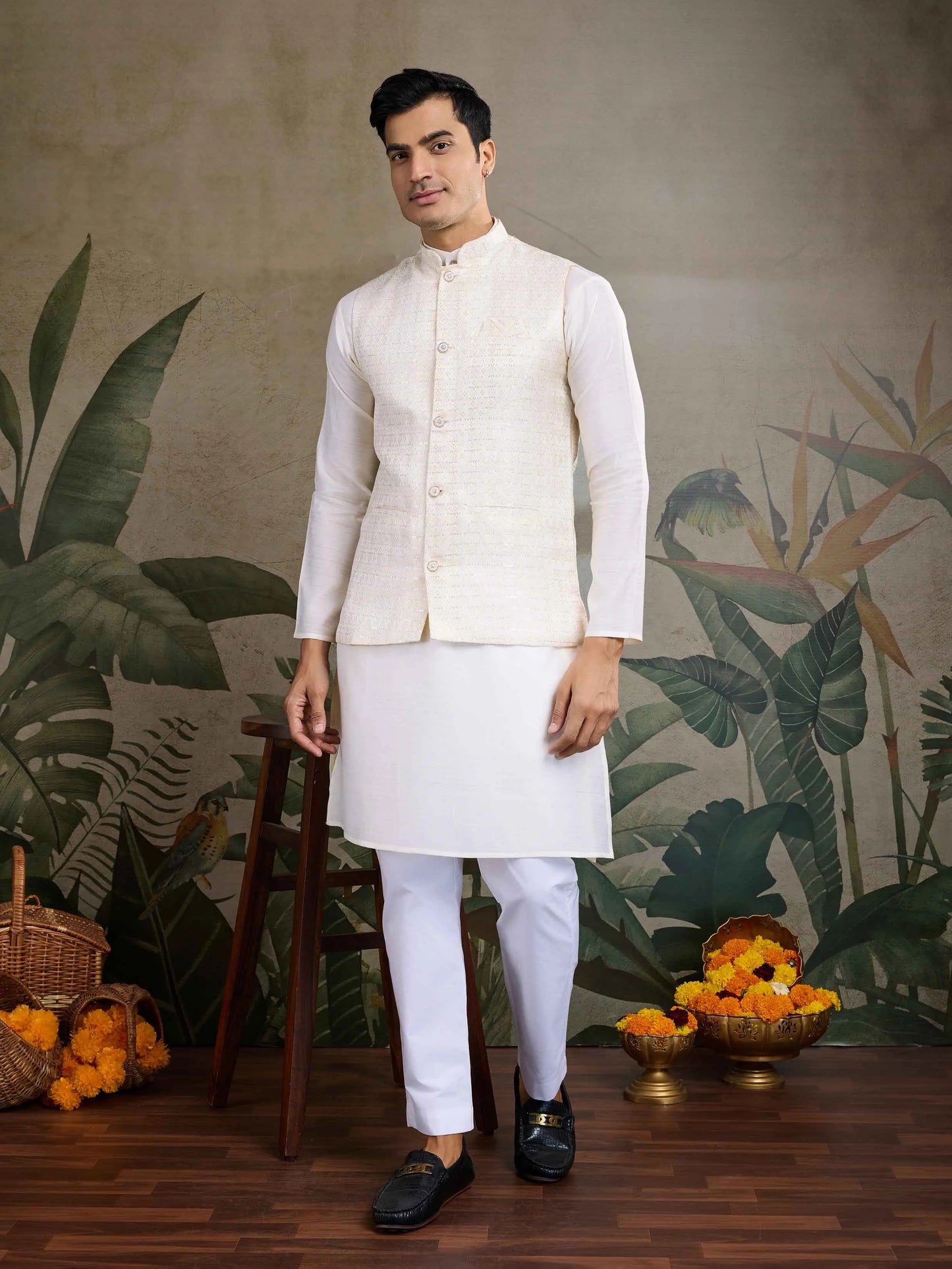 Off White Viscose Silk Kurta With Sequins Jacquard Design Work Koti