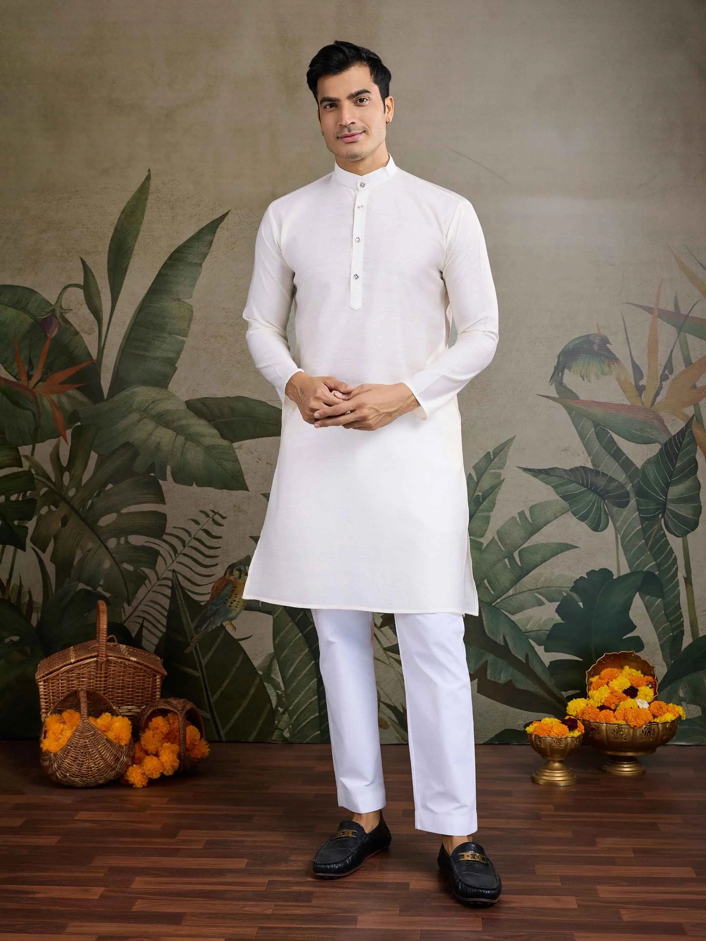 Off White Viscose Silk Kurta With Sequins Jacquard Design Work Koti