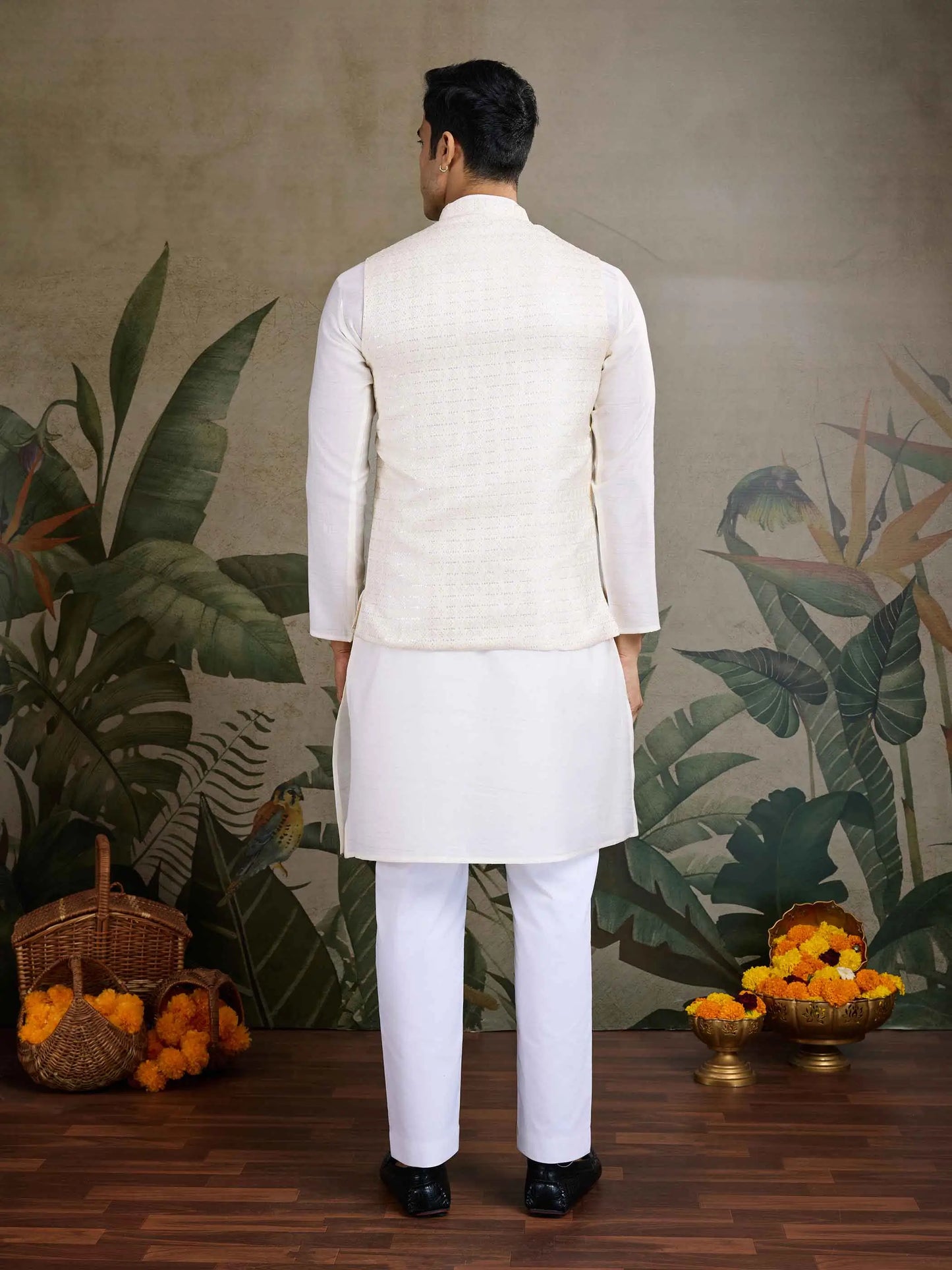 Off White Viscose Silk Kurta With Sequins Jacquard Design Work Koti