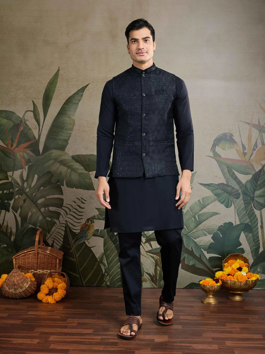 Black Viscose Silk Kurta With Sequins Jacquard Design Work Koti