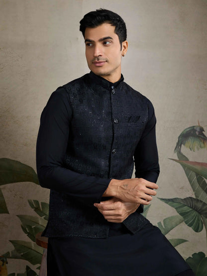 Black Viscose Silk Kurta With Sequins Jacquard Design Work Koti