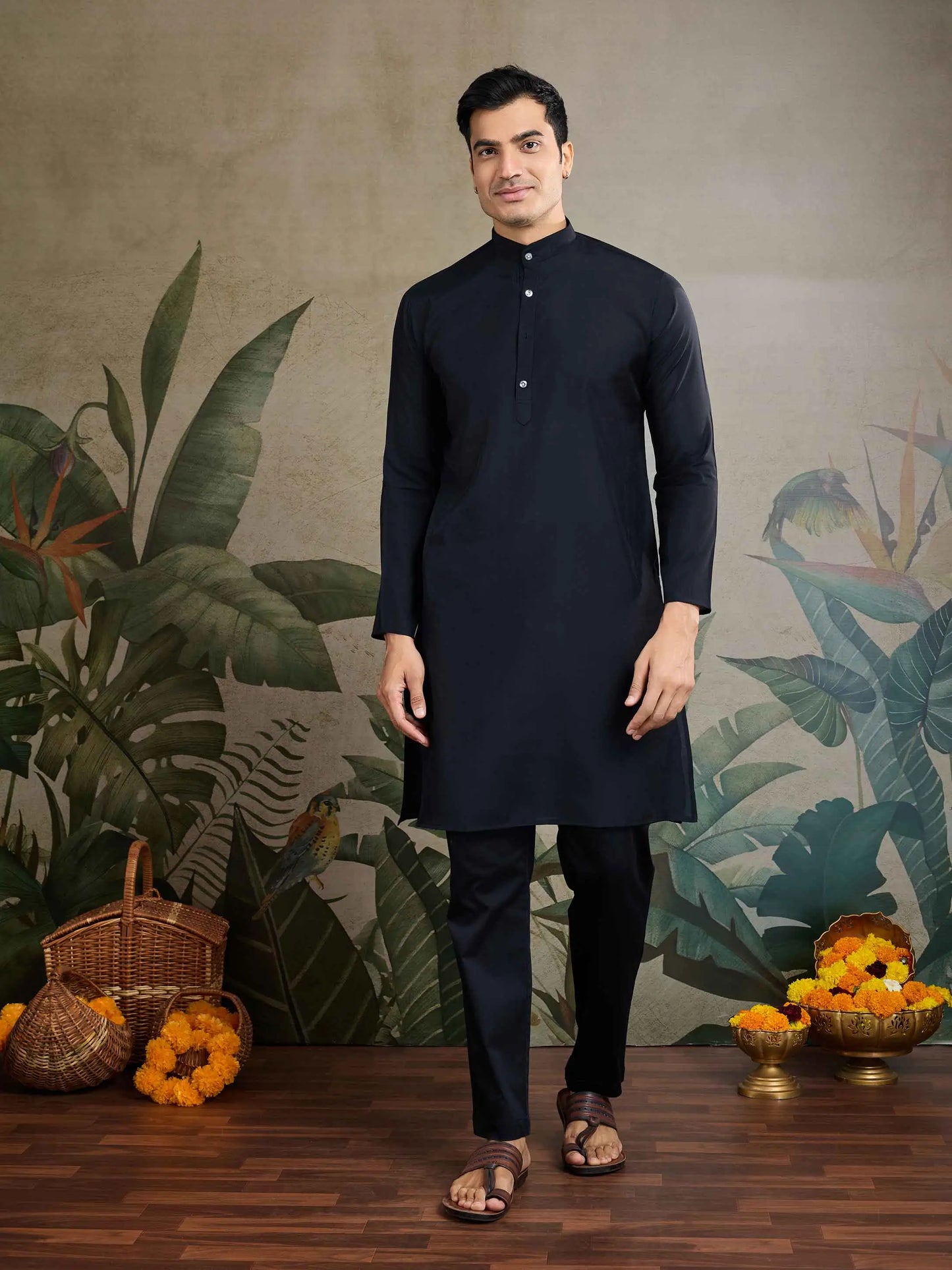 Black Viscose Silk Kurta With Sequins Jacquard Design Work Koti
