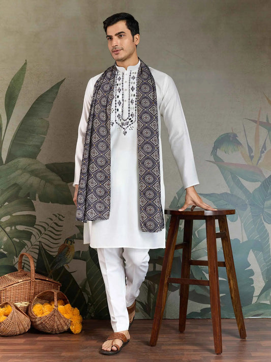 White Mirror And Zari Weaving Work Kurta With Printed Dupatta