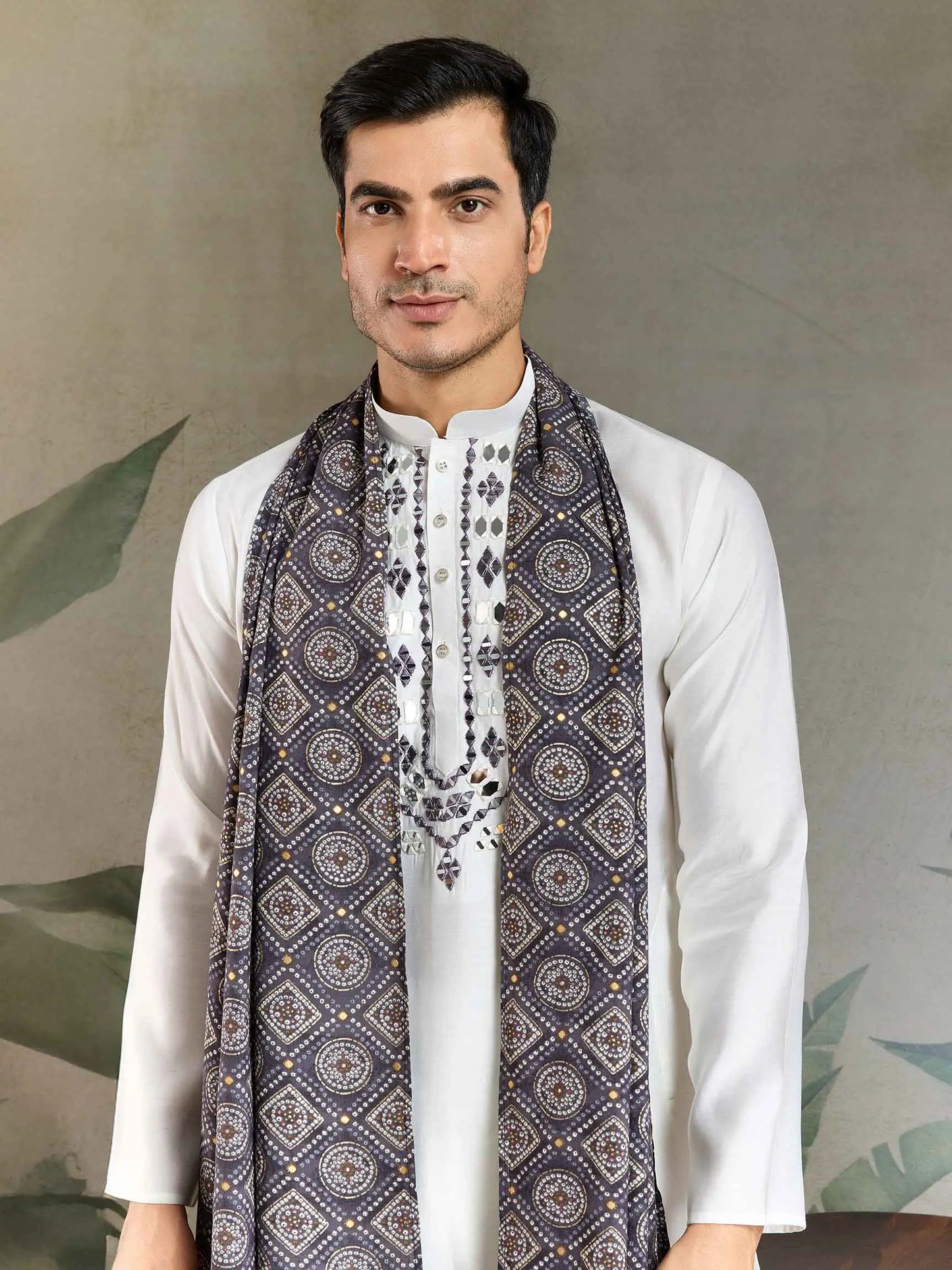White Mirror And Zari Weaving Work Kurta With Printed Dupatta