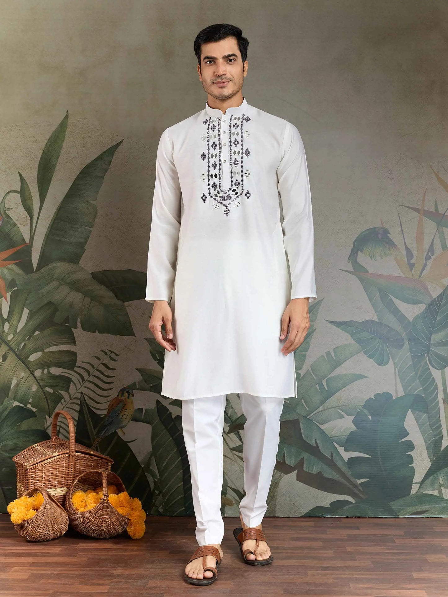 White Mirror And Zari Weaving Work Kurta With Printed Dupatta