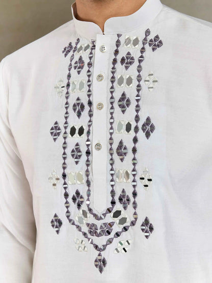 White Mirror And Zari Weaving Work Kurta With Printed Dupatta