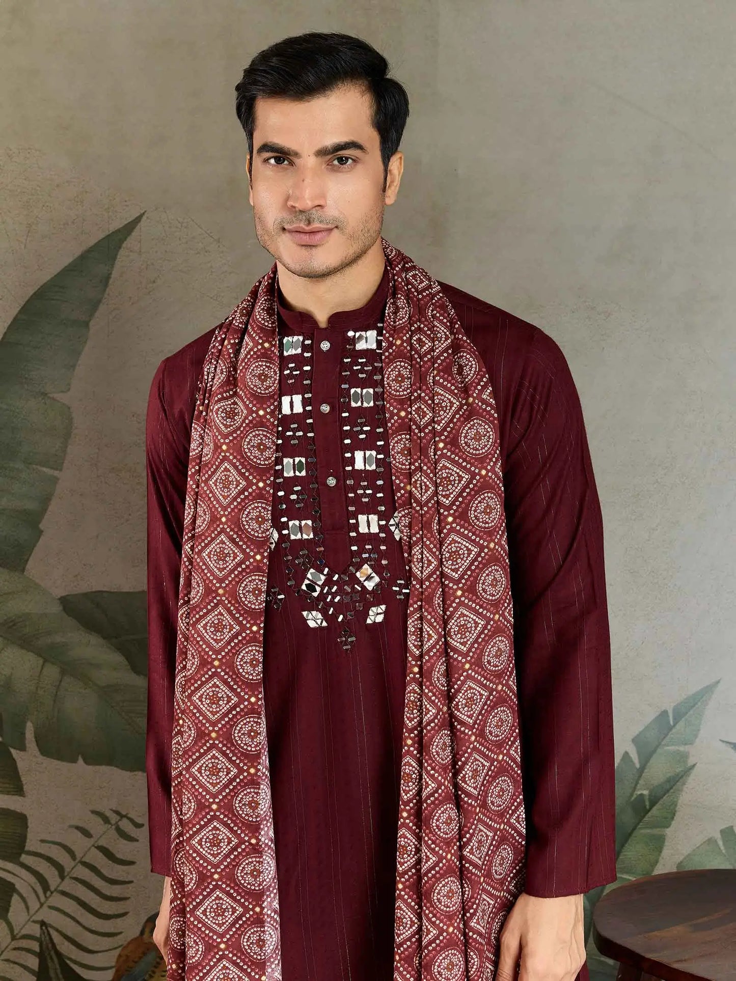 Maroon Mirror And Zari Weaving Work Kurta With Printed Dupatta
