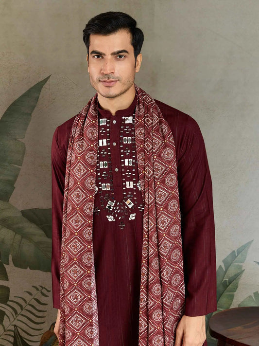 Maroon Mirror And Zari Weaving Work Kurta With Printed Dupatta