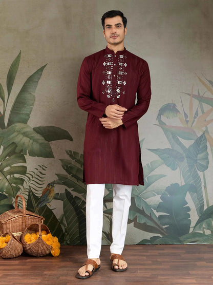 Maroon Mirror And Zari Weaving Work Kurta With Printed Dupatta
