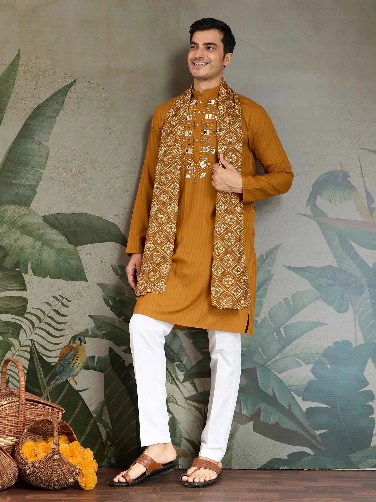 Mustard Yellow Mirror And Zari Weaving Work Kurta With Printed Dupatta