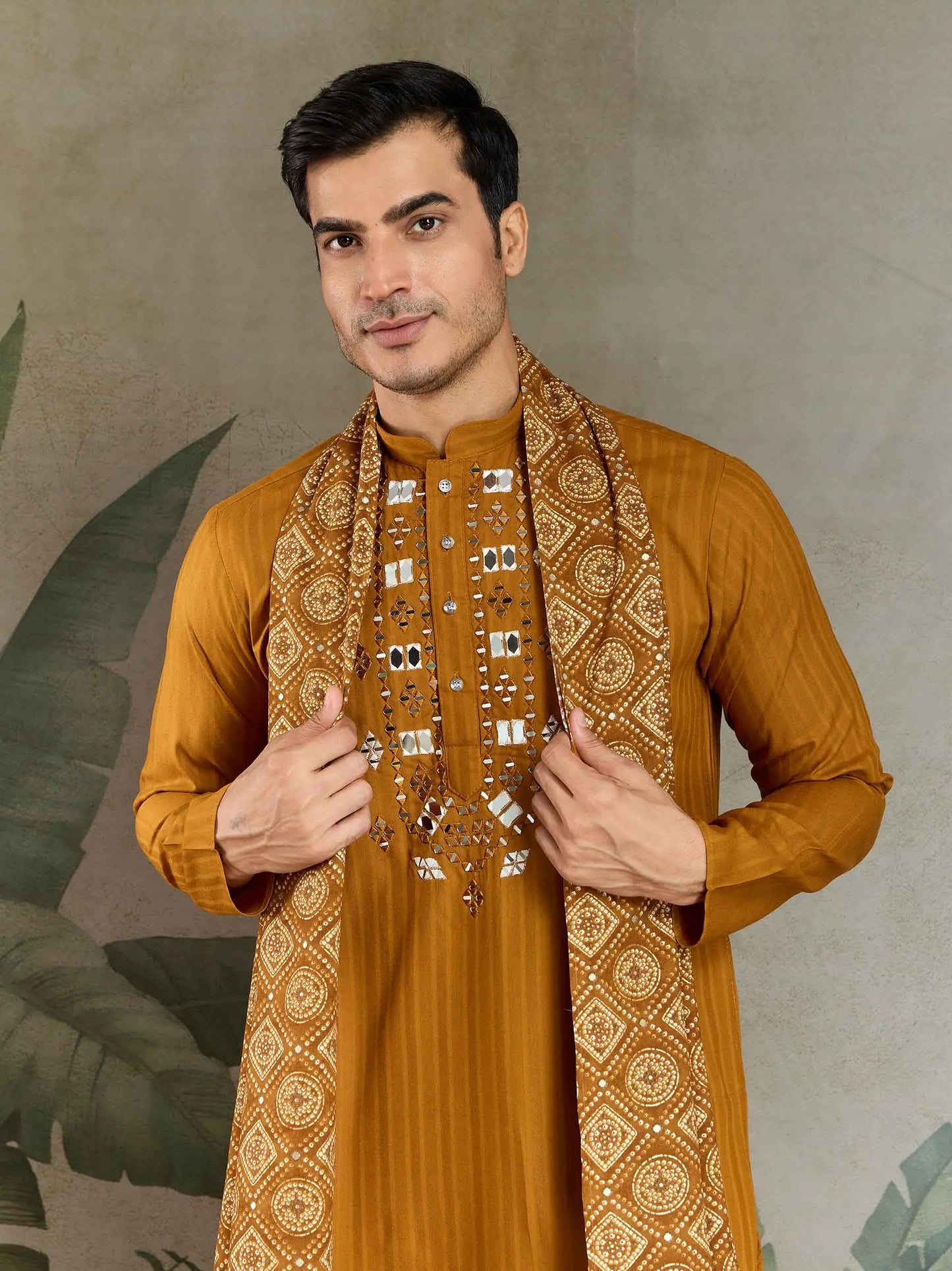 Mustard Yellow Mirror And Zari Weaving Work Kurta With Printed Dupatta