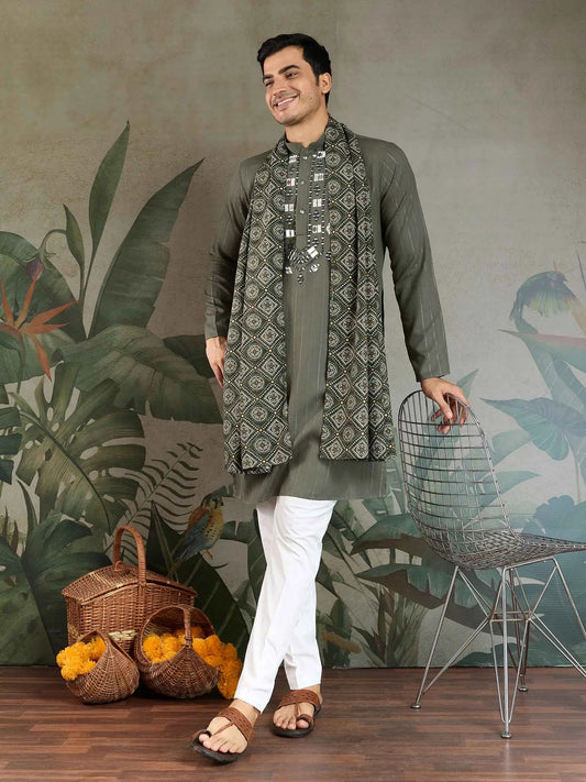 Olive Green Mirror And Zari Weaving Work Kurta With Printed Dupatta