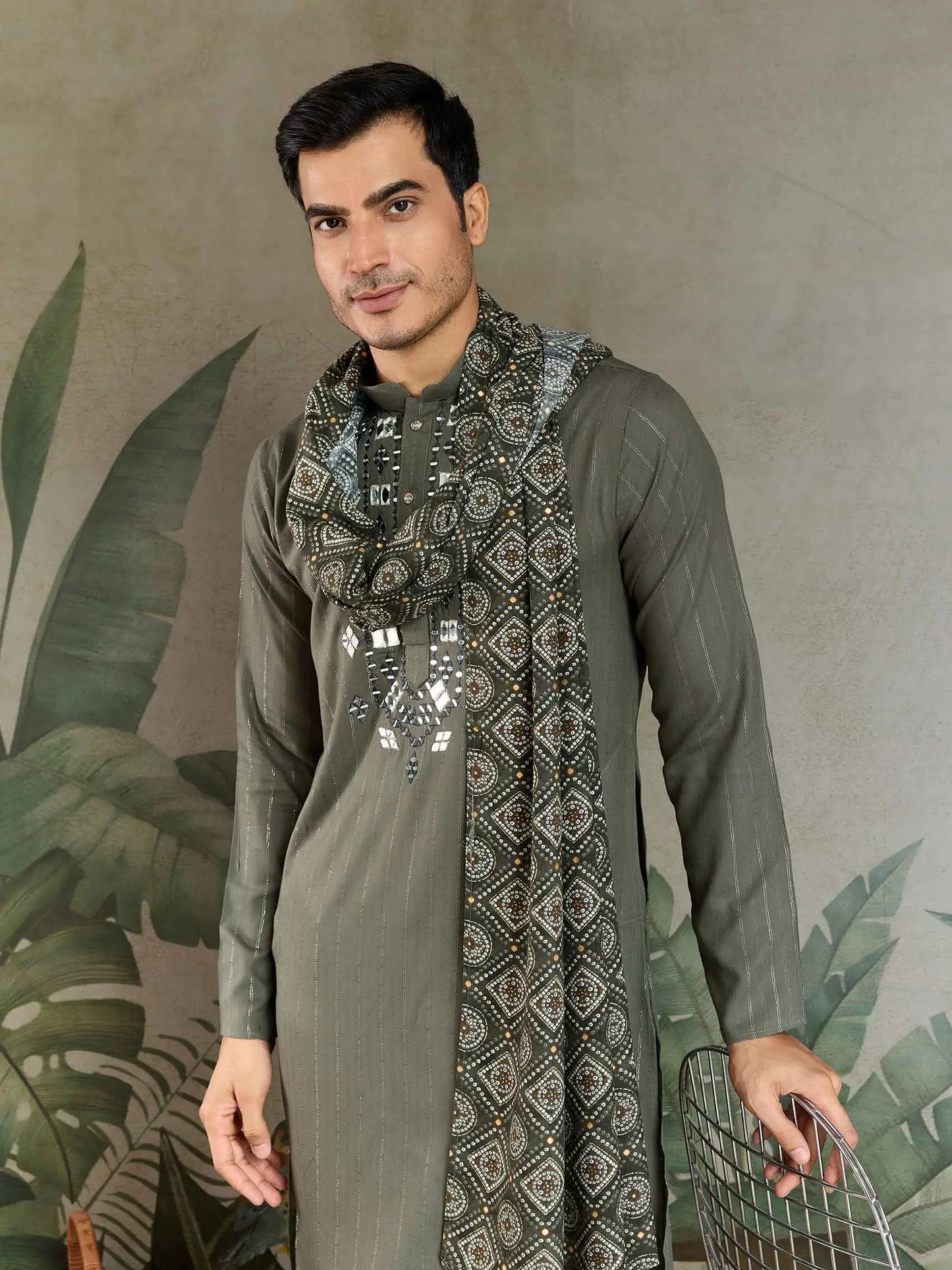 Olive Green Mirror And Zari Weaving Work Kurta With Printed Dupatta
