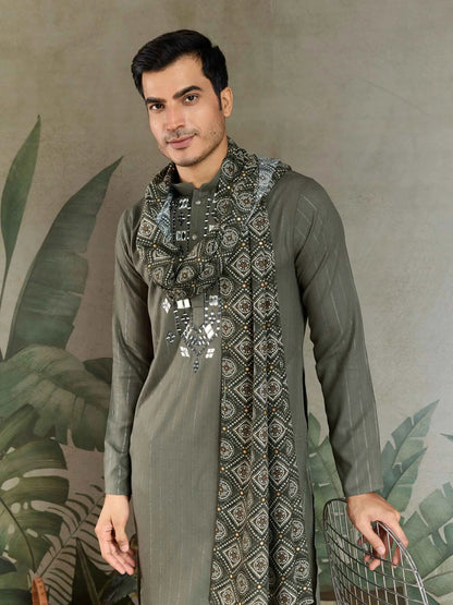 Olive Green Mirror And Zari Weaving Work Kurta With Printed Dupatta