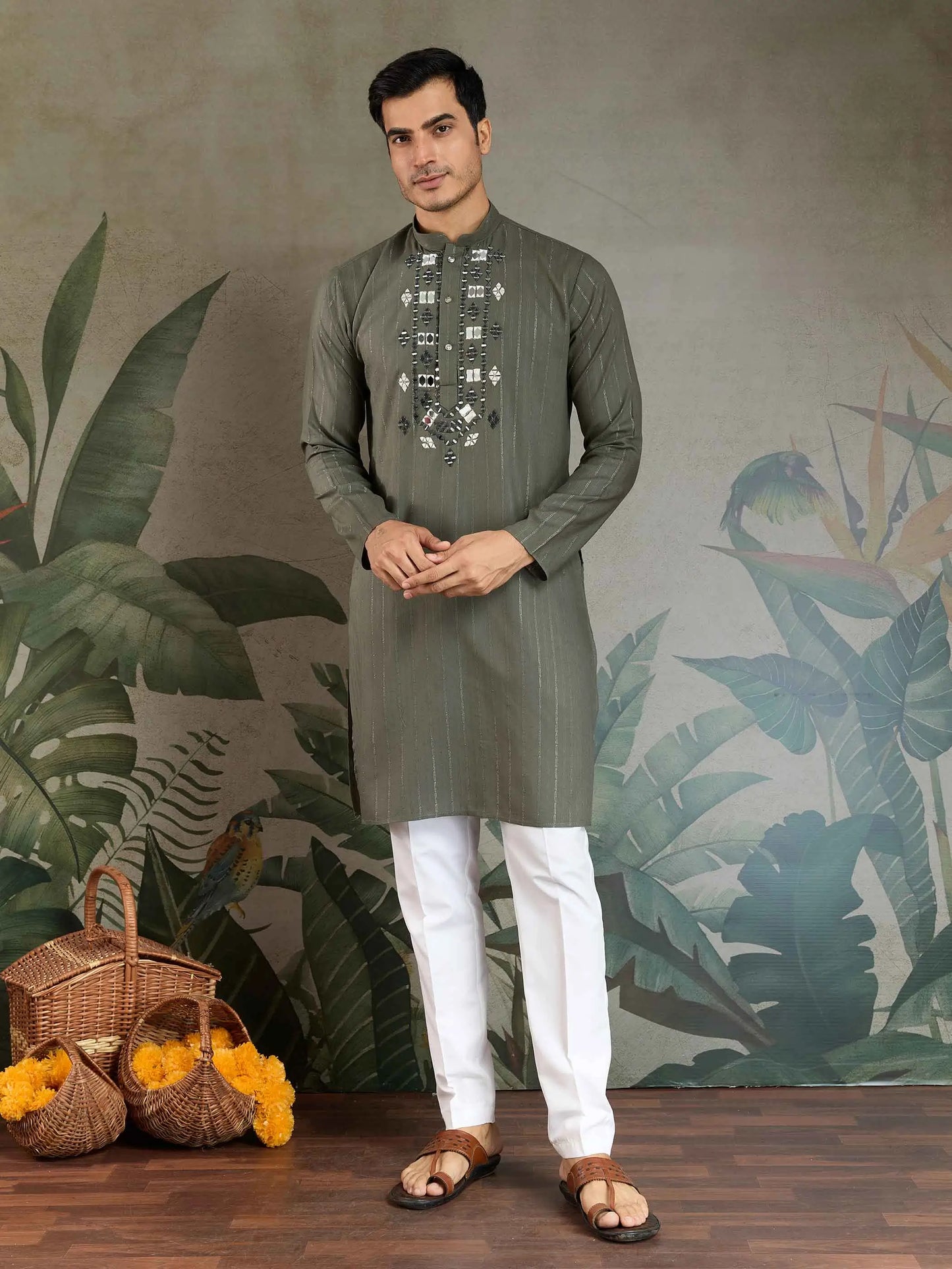Olive Green Mirror And Zari Weaving Work Kurta With Printed Dupatta