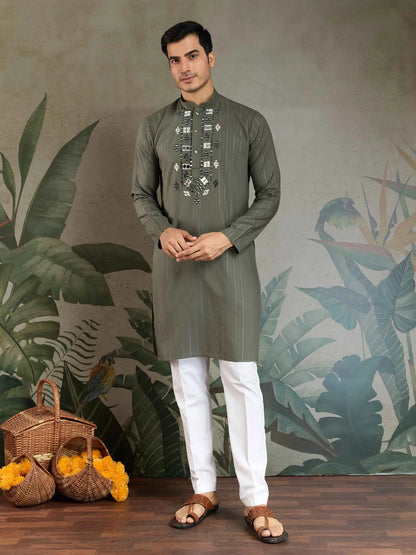 Olive Green Mirror And Zari Weaving Work Kurta With Printed Dupatta