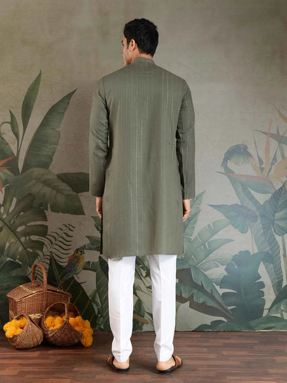 Olive Green Mirror And Zari Weaving Work Kurta With Printed Dupatta