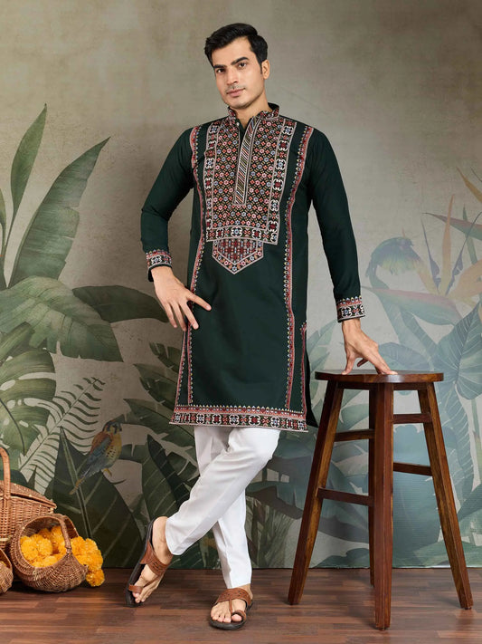 Dark Green Festive Wear Kurta Set With Multi Thread Sequins Embroidery Work