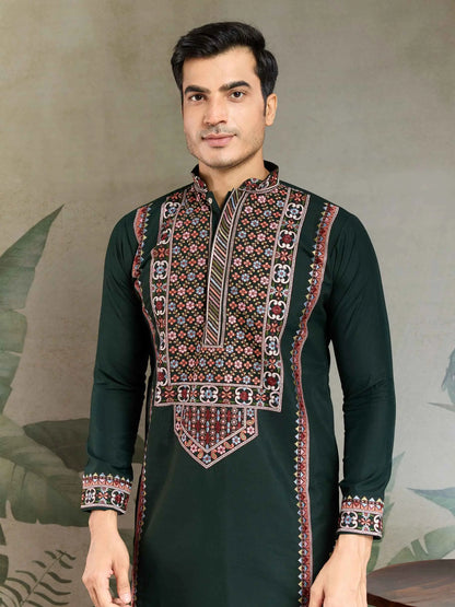 Dark Green Festive Wear Kurta Set With Multi Thread Sequins Embroidery Work