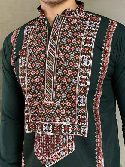 Dark Green Festive Wear Kurta Set With Multi Thread Sequins Embroidery Work