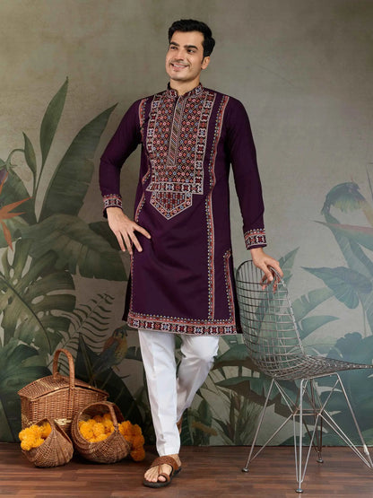 Dark Purple Festive Wear Kurta Set With Multi Thread Sequins Embroidery Work