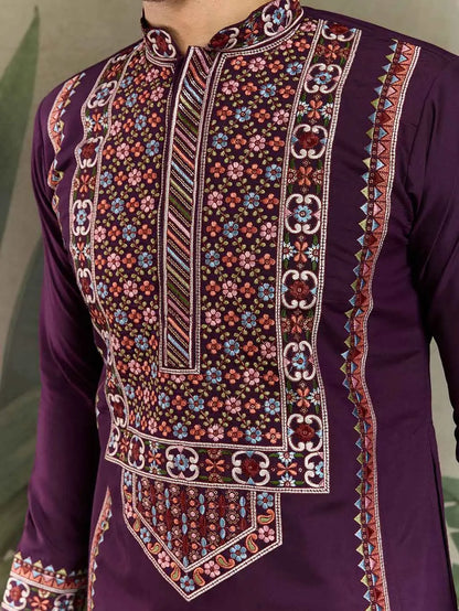 Dark Purple Festive Wear Kurta Set With Multi Thread Sequins Embroidery Work