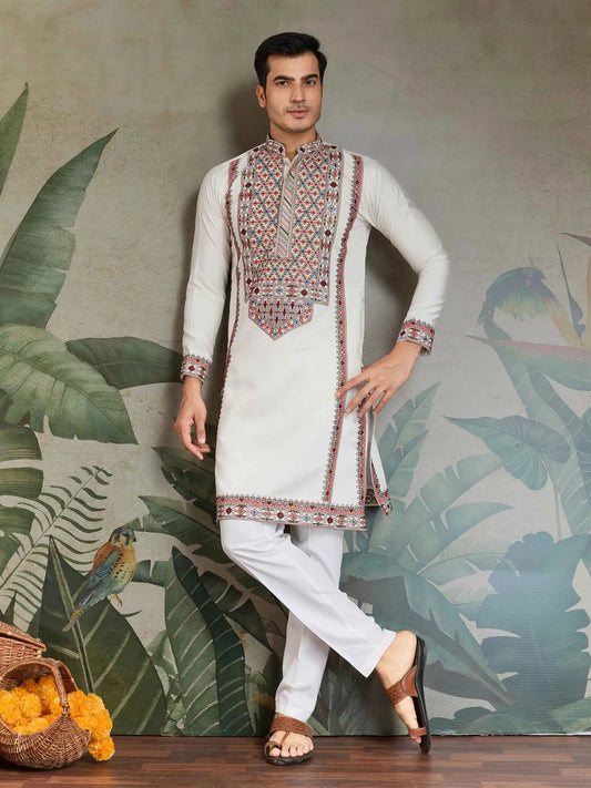 White Festive Wear Kurta Set With Multi Thread Sequins Embroidery Work