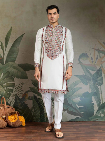 White Festive Wear Kurta Set With Multi Thread Sequins Embroidery Work