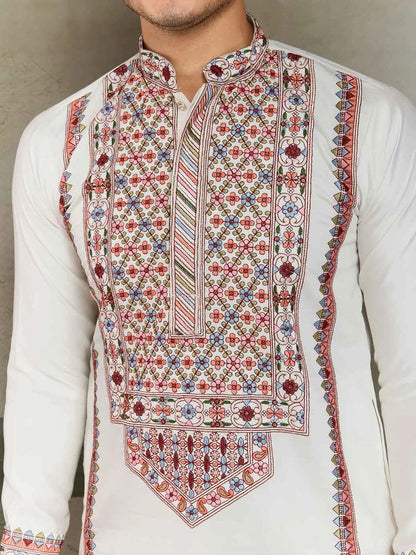 White Festive Wear Kurta Set With Multi Thread Sequins Embroidery Work