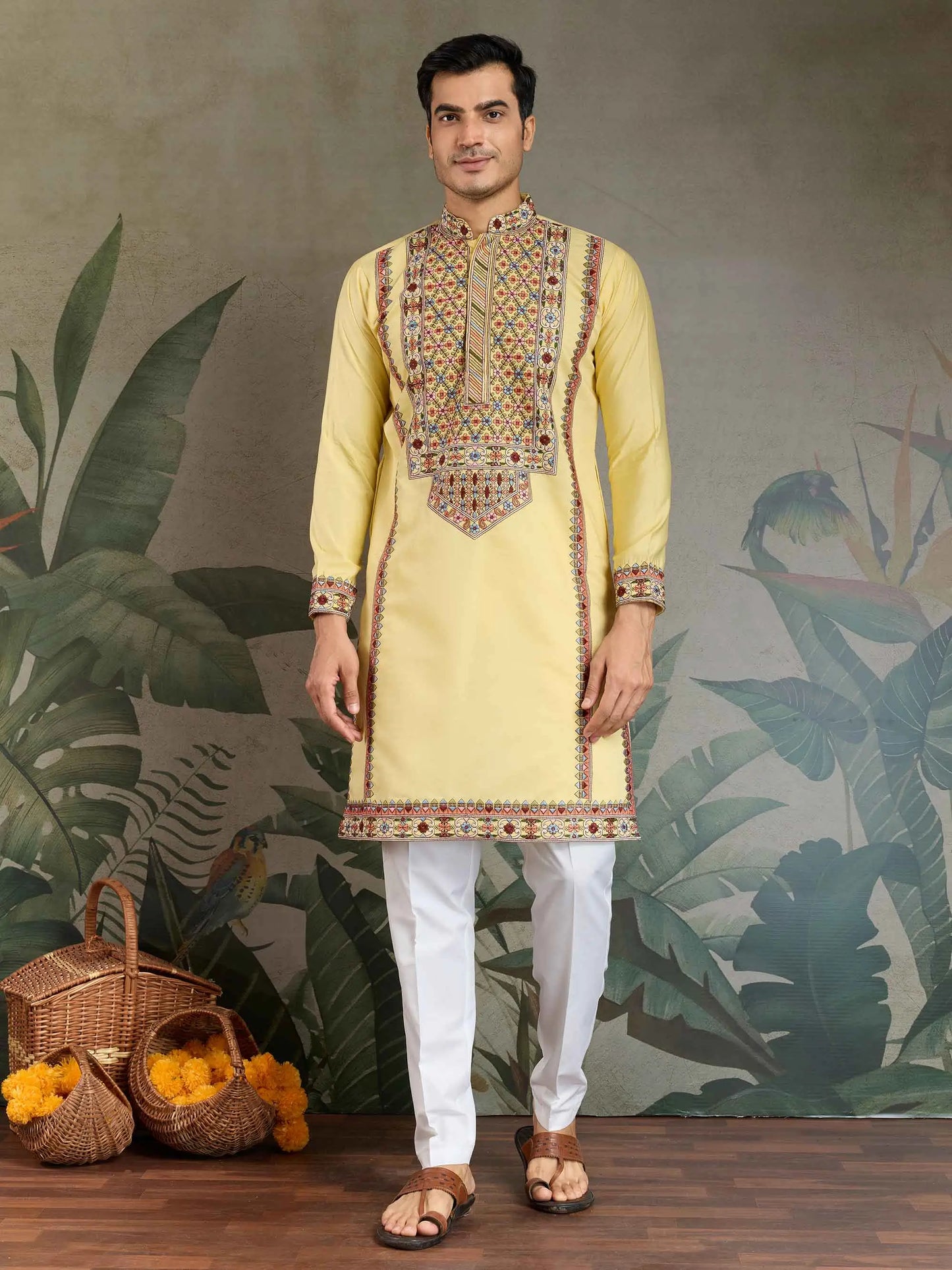 Yellow Festive Wear Kurta Set With Multi Thread Sequins Embroidery Work