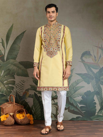 Yellow Festive Wear Kurta Set With Multi Thread Sequins Embroidery Work
