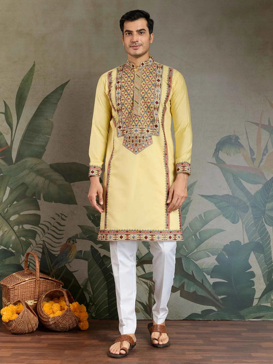 Yellow Festive Wear Kurta Set With Multi Thread Sequins Embroidery Work