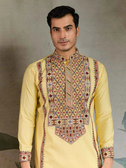Yellow Festive Wear Kurta Set With Multi Thread Sequins Embroidery Work