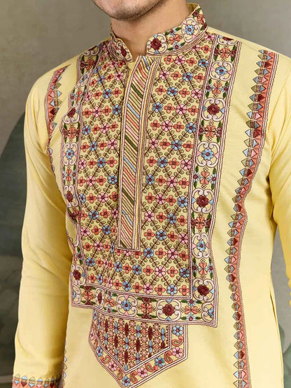 Yellow Festive Wear Kurta Set With Multi Thread Sequins Embroidery Work