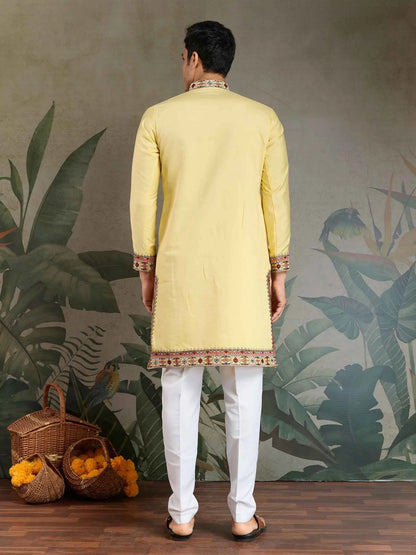 Yellow Festive Wear Kurta Set With Multi Thread Sequins Embroidery Work