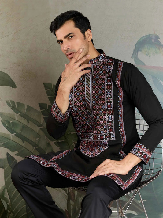 Black Festive Wear Kurta Set With Multi Thread Sequins Embroidery Work
