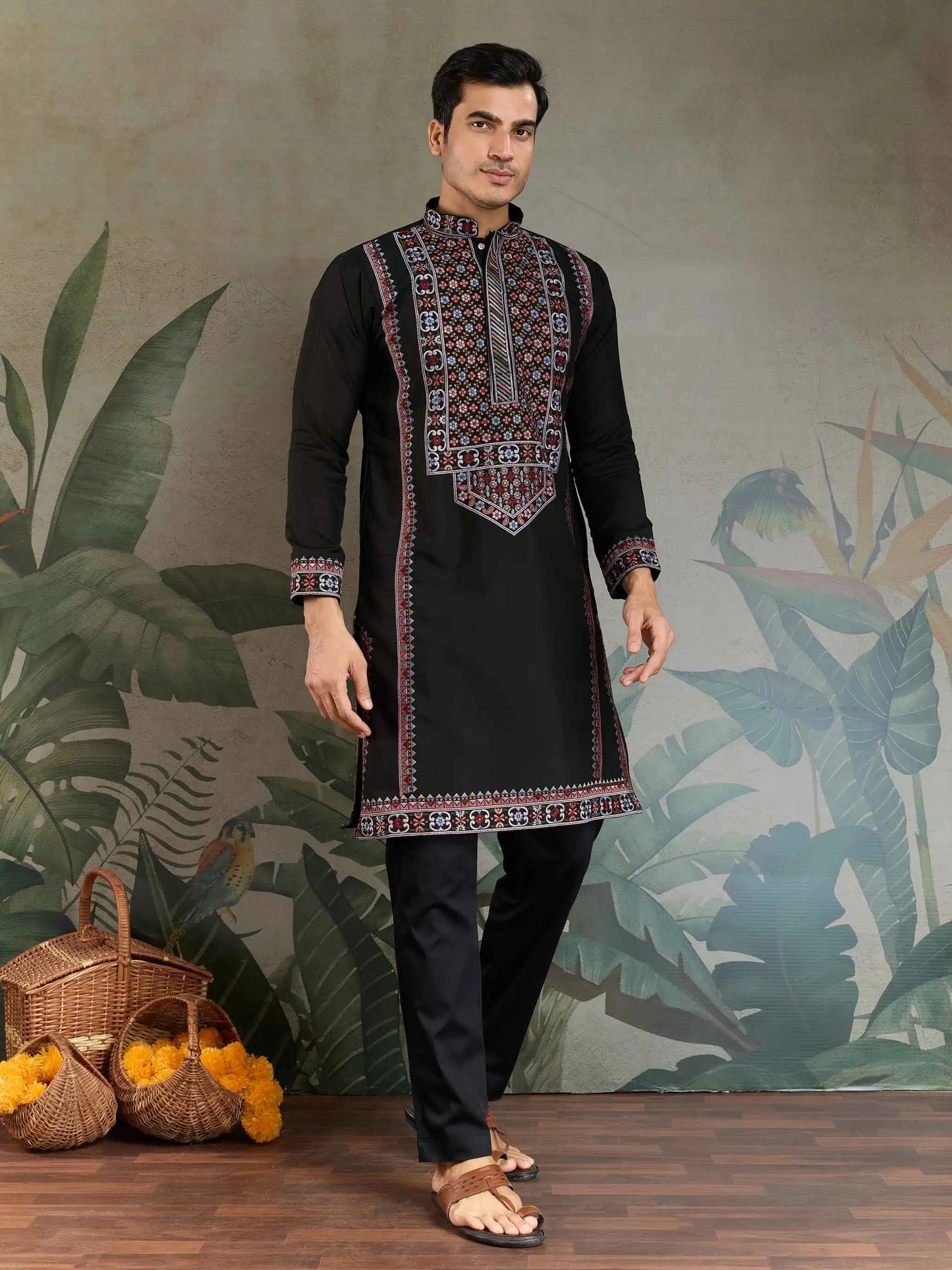 Black Festive Wear Kurta Set With Multi Thread Sequins Embroidery Work