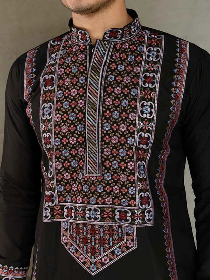 Black Festive Wear Kurta Set With Multi Thread Sequins Embroidery Work