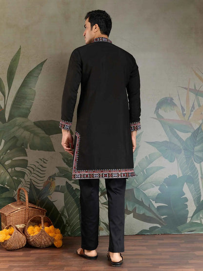 Black Festive Wear Kurta Set With Multi Thread Sequins Embroidery Work